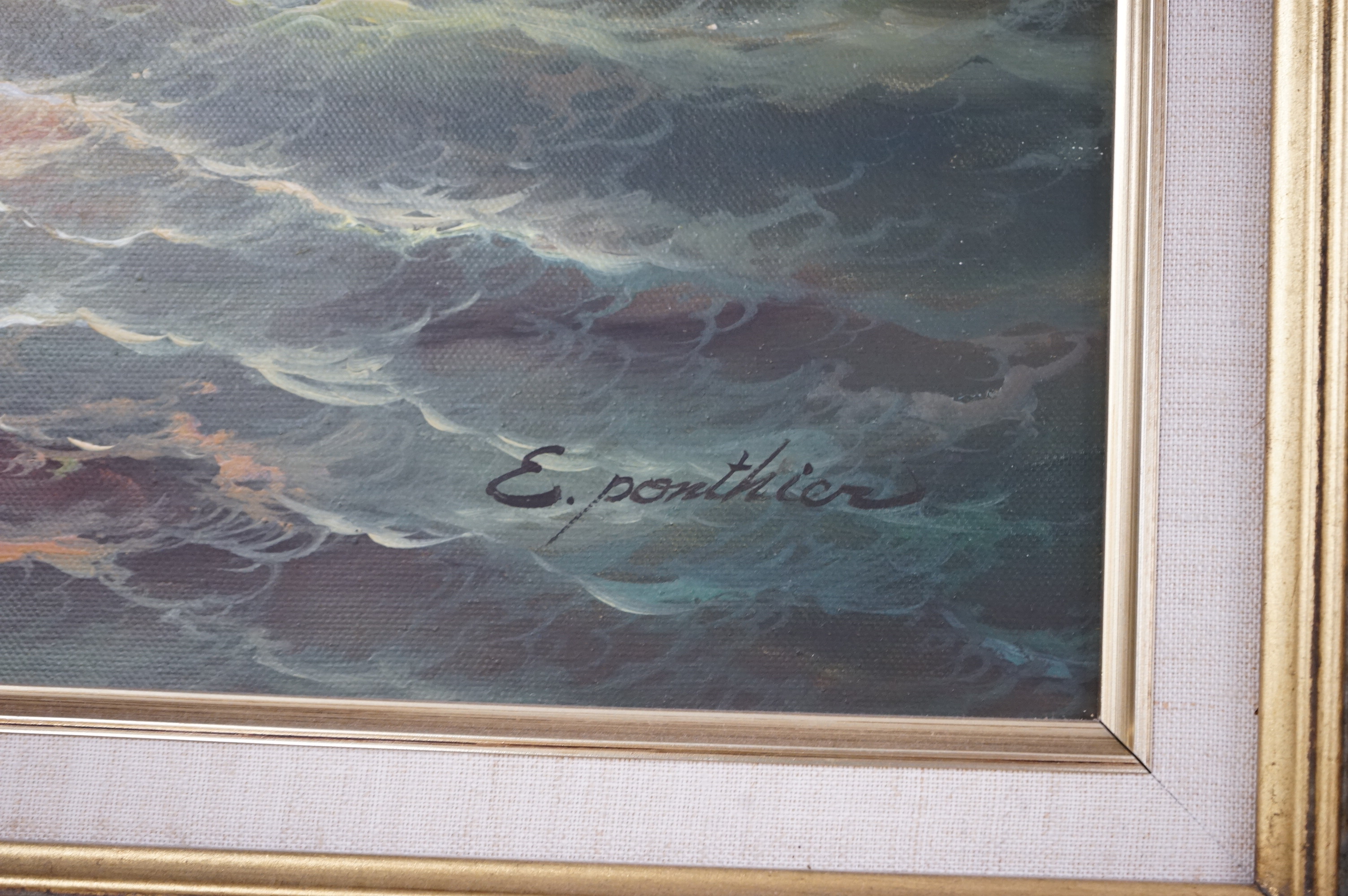 Ernest Ponthier (French, 1862-1931), oil on canvas, 'Three-masted sailing vessel at sea', signed, 49 x 59cm, ornate gilt frame.